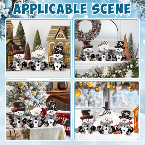 Sealmic 3 Pcs Christmas Wooden Snowman Centerpieces - Large Black & White Rustic Holiday Decor
