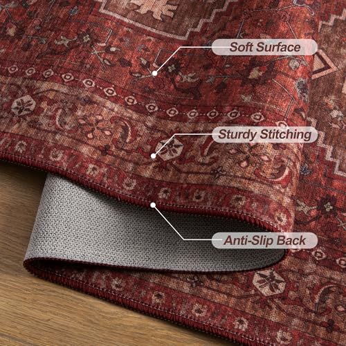 Dark Red 5' x 7' Washable Area Rug for Living Room - Non Slip Vintage Oriental