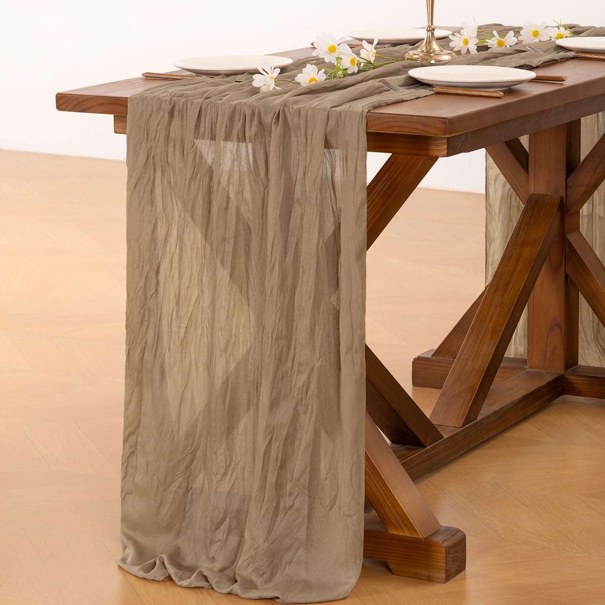 Socomi 10pcs Nude Brown Cheesecloth Table Runner Boho Rustic Gauze 120 inch 10FT Cheese Cloth Sheer Runner for Wedding Party Baby Shower Birthday Home Decor Holiday Decorations