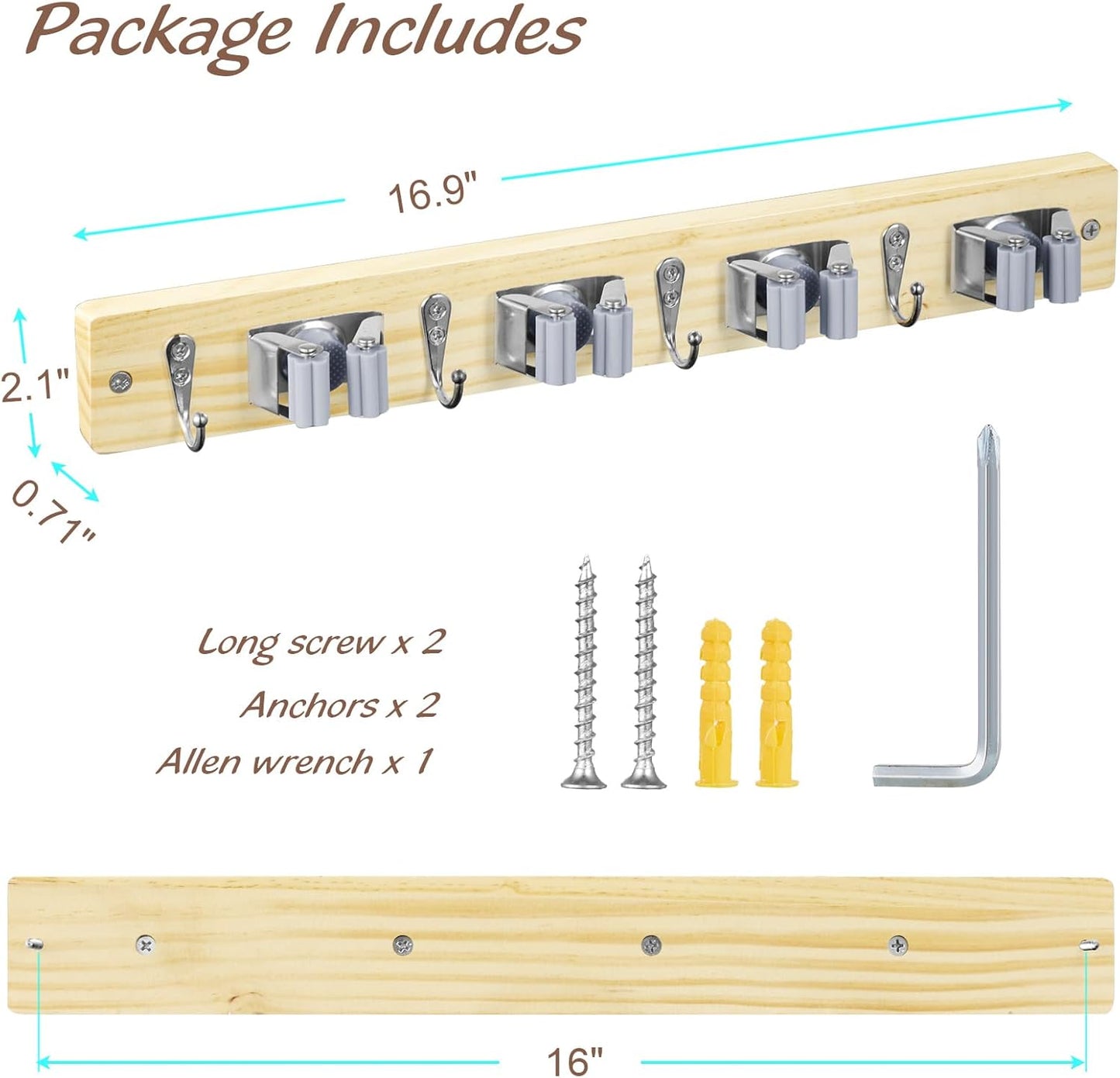 OUTNILI Mop and Broom Holder Wall Mount - Light Wood Organizer with 4 Slots & Hooks for Garage, Kitchen, Laundry Room