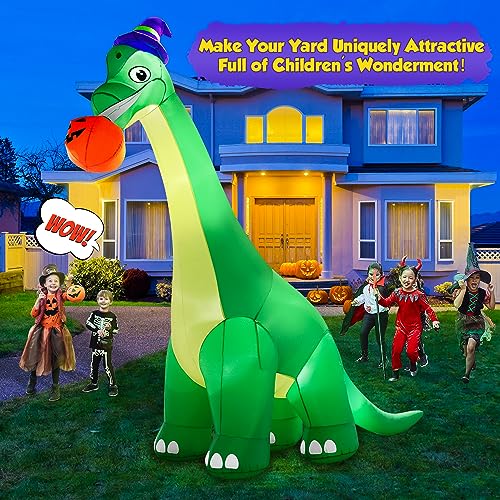 Giant Halloween Dinosaur Inflatable Decoration with LED Lights - 13Ft Yard Blow Up with Pumpkin & Witch Hat for Outdoor & Indoor Holiday Parties