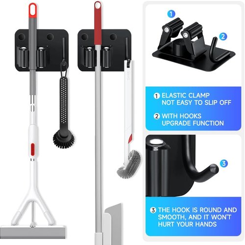 JAMEND CLXP Broom Holder - Heavy Duty Stainless Steel Mop Hanger | 2-Pack Wall Mount Utility Rack in Matte Black