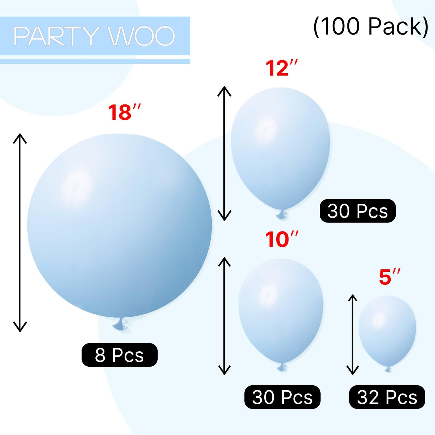 PartyWoo Baby Blue Balloons 100pcs Different Sizes of 18 12 10 5 Inch Light Pastel Sky Aqua Blue Balloon Arch Kit Garland for Graduation Baby Shower Gender Reveal Easter Party Decorations Blue-Q13