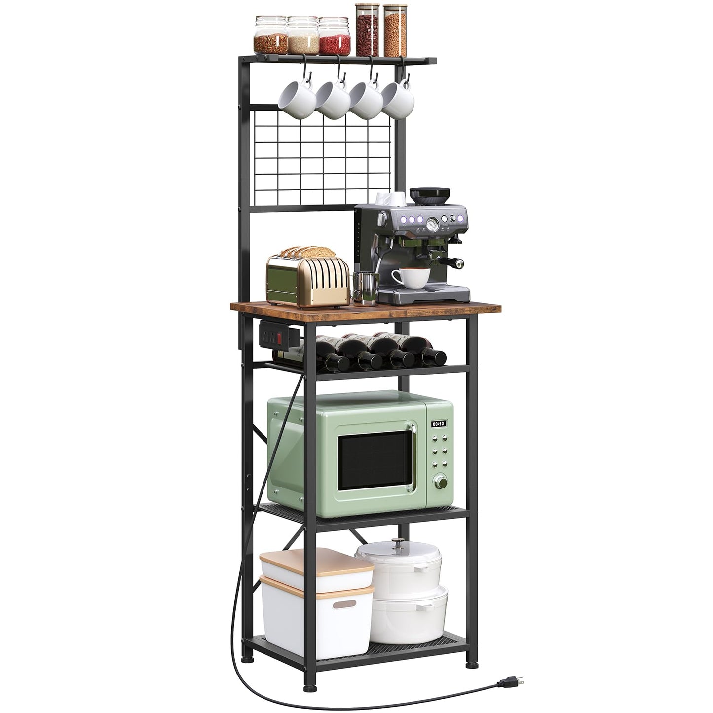 MAHANCRIS Bakers Rack with Power Outlet, Coffee Bar Station with Wine Rack, Bakers Racks for Small Spaces, Microwave Stand for Kitchen, Rustic Brown and Black BRHR23E01