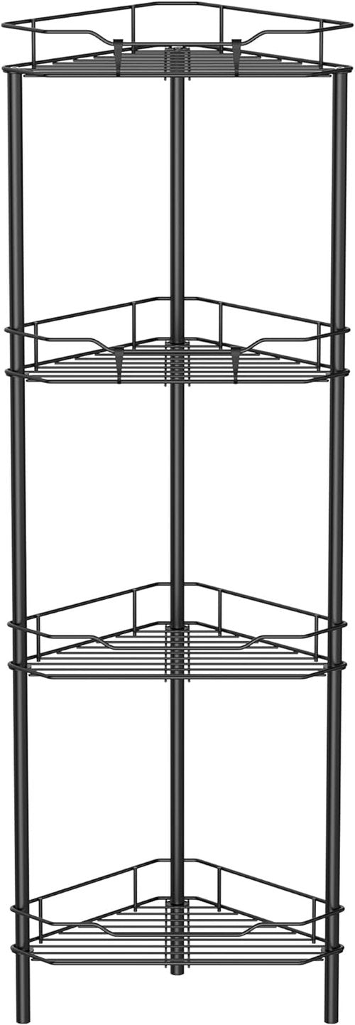 HuggieGems Corner Shower Caddy Organizer - 4 Tier Floor Standing Shelf with Hooks, Black Finish