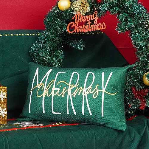 ONWAY Christmas Pillow Cover 12x20 Inch Merry Christmas Gold Green Decorative Throw Pillows Farmhouse Winter Holiday Decor Cushion Case for Sofa Couch Home Decorations