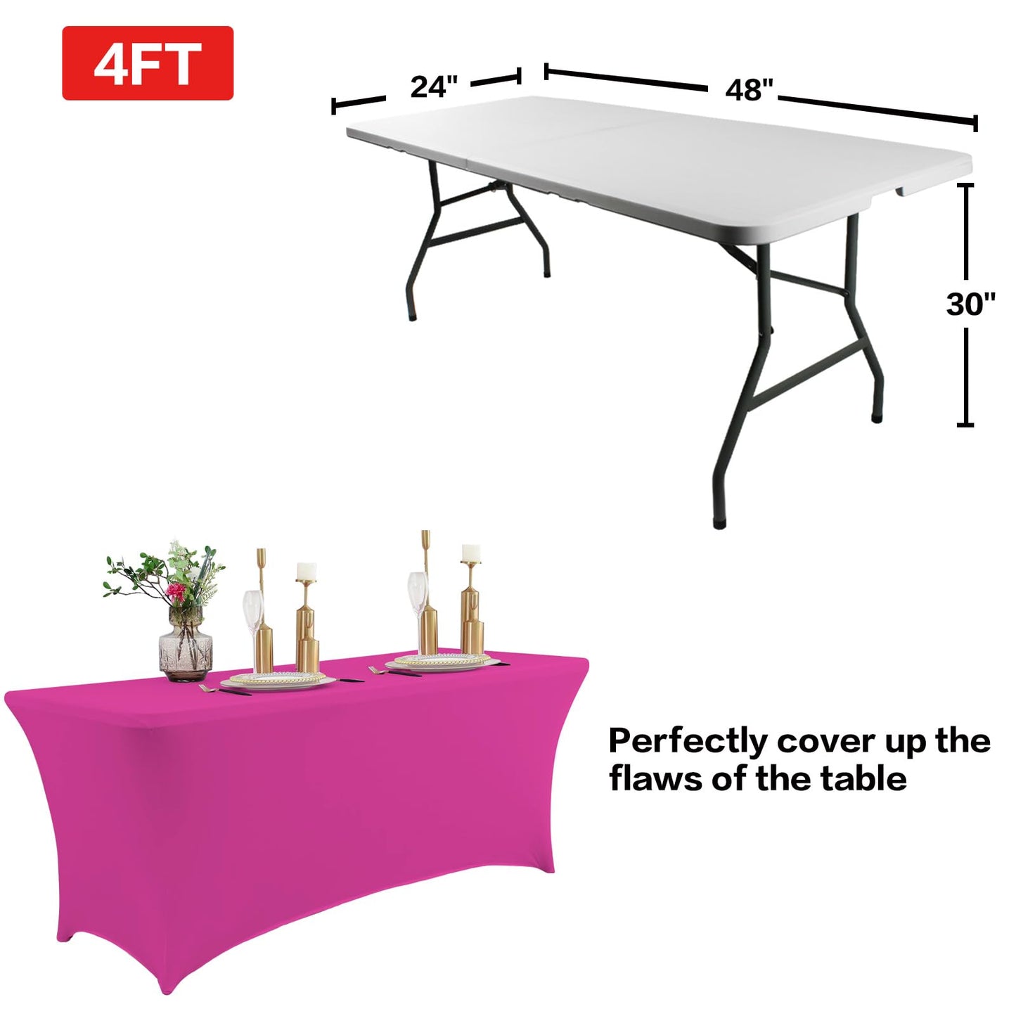 IVAPUPU 4FT Table Cloth for Rectangular Fitted Events Stretch Fuchsia Table Covers Washable Cover Spandex Tablecloth Protector for Party, Wedding, Cocktail, Banquet, Festival
