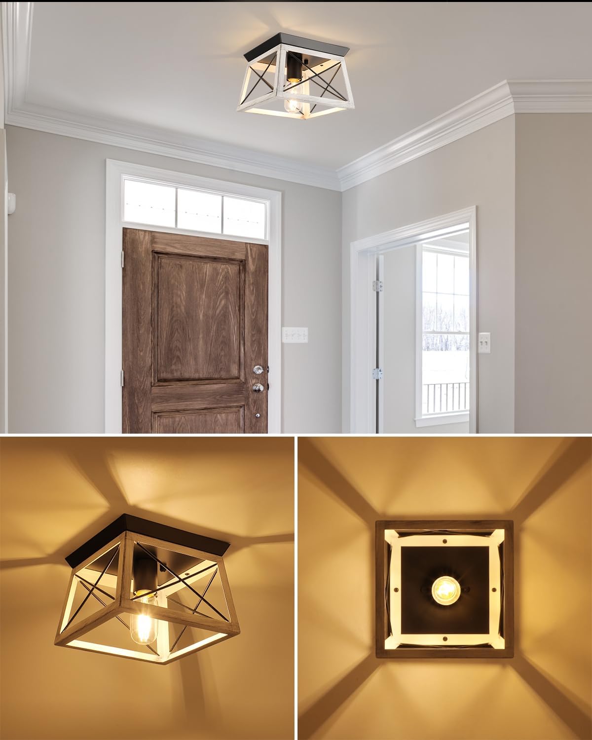 Farmhouse Flush Mount Ceiling Light Oak White Ceiling Light Fixtures 2-Light Industrial Vintage Metal-Framed Ceiling Lighting for Hallway Foyer Kitchen Dining Room Bedroom Living Room Laundry