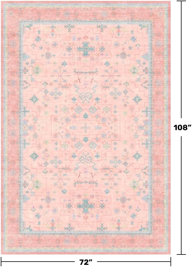 Oushak Rugs | Washable Pink & Blue 6x9 Area Rug - Soft Faux Wool, Modern Floral Design for Kids' Rooms
