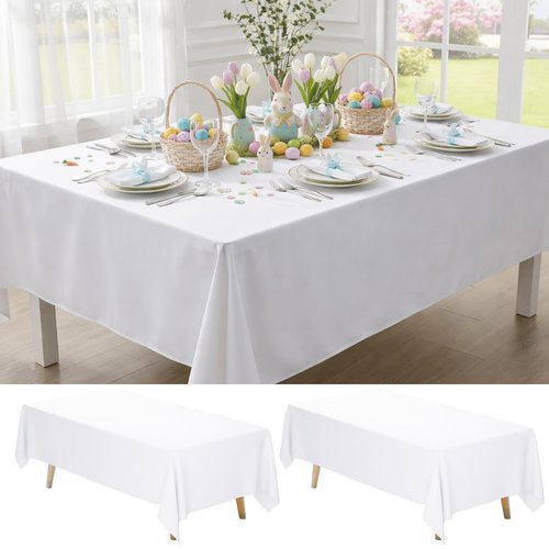 Fixwal White Tablecloth Rectangle 70 x 120 Inch, 2 Pack 6-8ft Polyester Fabric Table Cloths Rectangular Table Covers for Party, Banquet, Dining, Birthday, Wedding