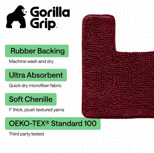 GORILLA GRIP Bath Rug Mat - Plush Absorbent Shaggy Chenille for Square Toilet Base - Burgundy, Machine Washable