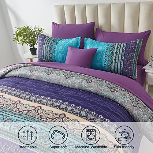 Cottolester Boho Comforter Set Queen Aqua 8-Piece Bed in a Bag - Floral & Stripe Bedding