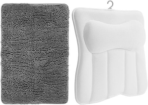 GORILLA GRIP Bath Rug Mat & Mesh Bath Pillow Bundle - Soft Absorbent Chenille, Gray & White, 2-Piece Set