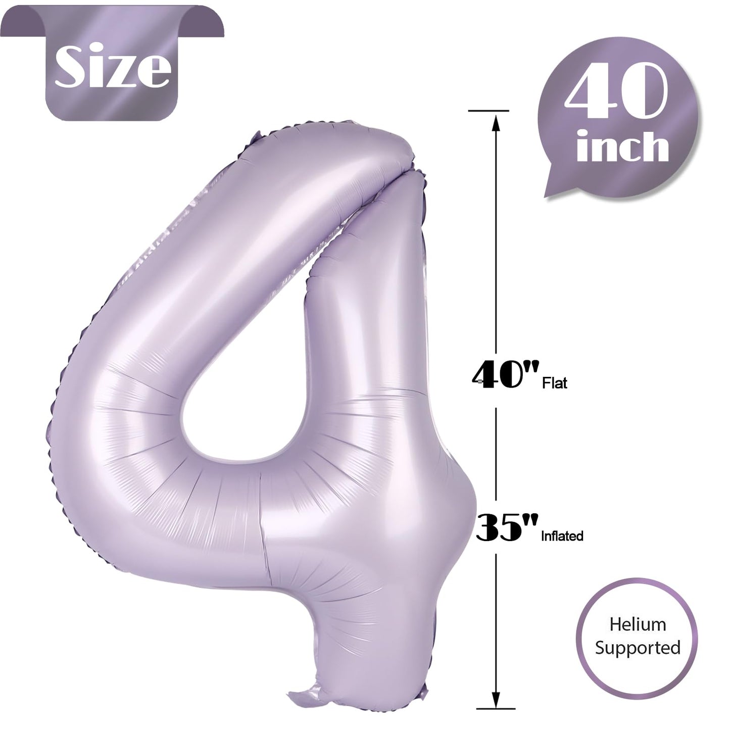 Lilac Number 4 Balloon 40 Inch, 4th Birthday Party Decorations for Children, Giant 4 Foil Balloon for Party Supplies