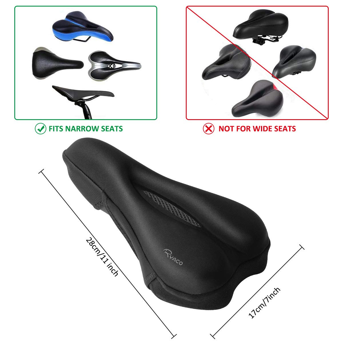Ryaco Gel Bike Seat Cushion Cover - Breathable Comfortable Bicycle Saddle Cover Black with Water&Dust Resistant Cover Fits Spin, Stationary Exercise Bike, Outdoor or Indoor Cycling