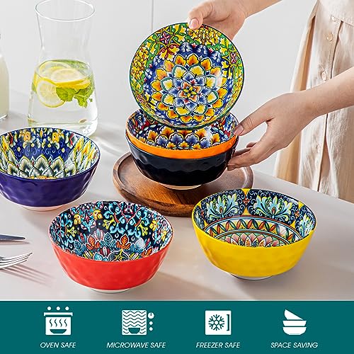 Bohemian Style Ceramic Cereal & Salad Bowls Set of 6 - 26 Oz