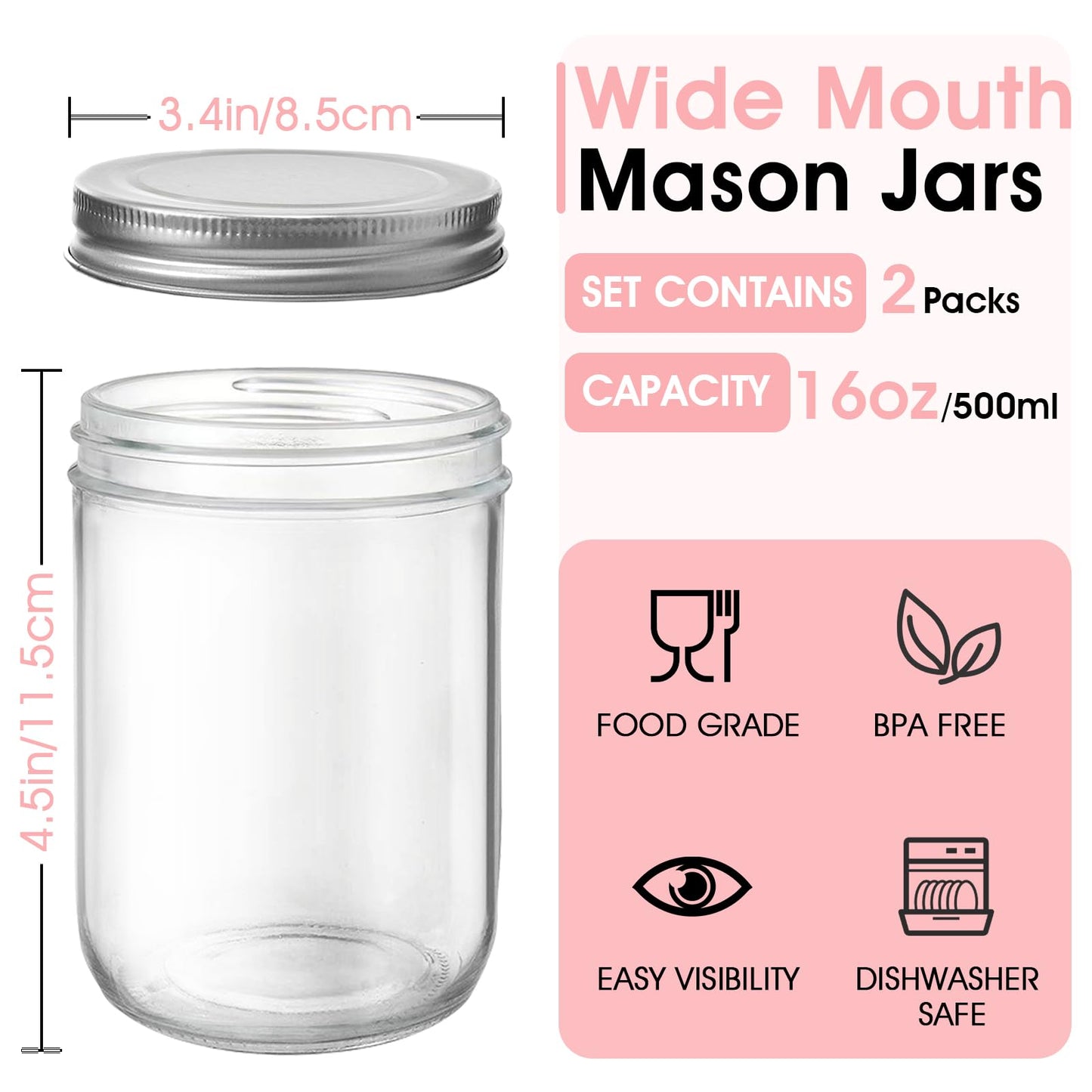 Showvigor 2 Pack Wide Mouth Mason Jars 16oz - Airtight Glass Canning Jars for Food Storage, Meal Prep, Overnight Oats, Pickling, Salad & Wedding Favors (Leak-Proof Lids)