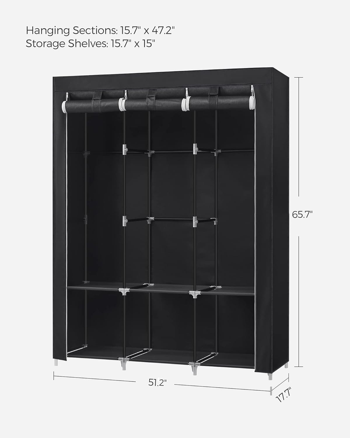SONGMICS Portable Closet - Wardrobe Organizer with Cover, 3 Rods & Shelves, 51.2" x 17.7" x 65.7", Ink Black