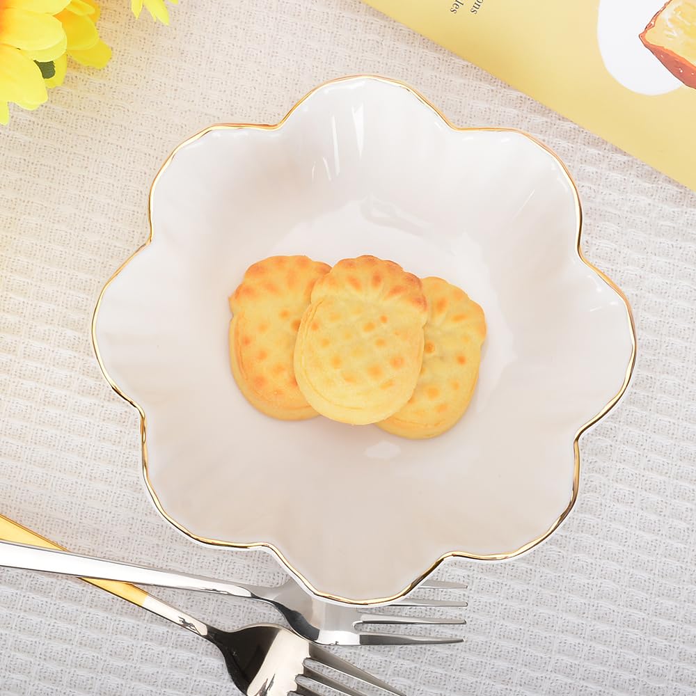 HOKMOKQOK Porcelain Serving Dish,Ceramics Flower Relish Tray with Metallic Rim,Serving Bowls for Wedding,Party Perfect for Small Cereal, Pasta, Salad, Candy and Snacks White 6.6 inch (6.6 inch)