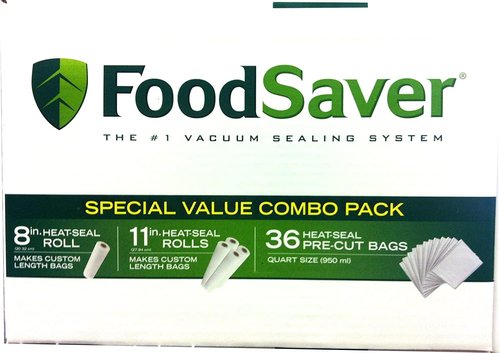 FoodSaver Vacuum Seal Combo Pack - 1-8" Roll, 4-11" Rolls & 36 Pre-Cut Bags for Freshness