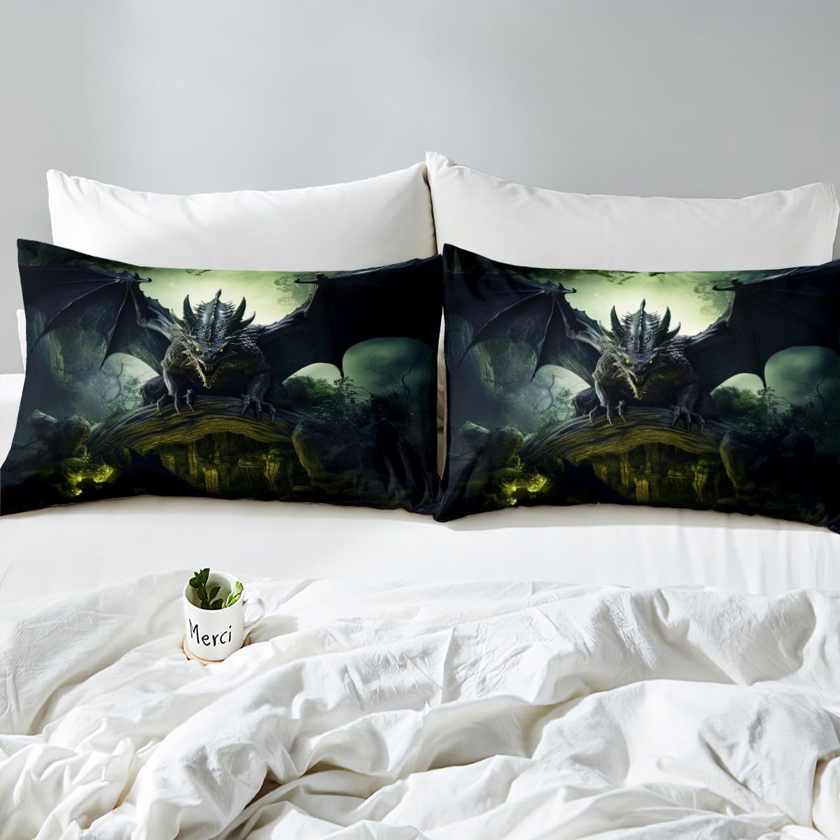 Erosebridal Flying Dragon Bedding Print for Boys Girls Room Decor - Dragon Bedding King, Exotic Dragon Comforter Set Tropical Rainforest Quilt Soft Microfiber Duvet Insert with 2 Pillow Cases