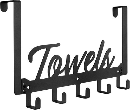 Azmoncy Over The Door Hooks - Heavy Duty Towel Rack with 5 Coat Hooks | Black for Bathroom & Kitchen