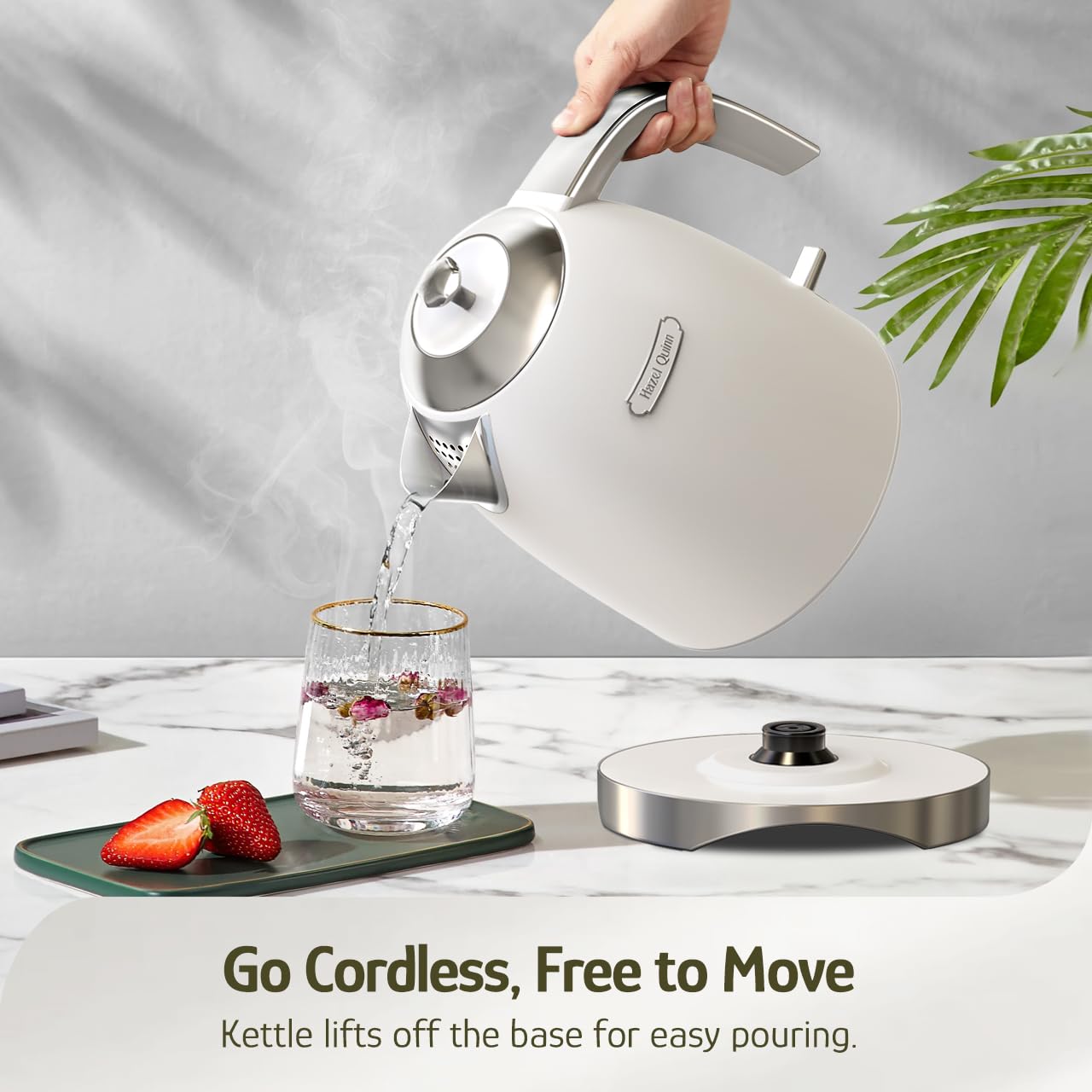 Hazel Quinn Electric Kettle - 1.7 Liters (57oz) Stainless Steel Water Kettle, BPA-Free Interior, 1200W Fast Boiling, Cordless, Rotational Base, Automatic Shut Off & One-Touch LED - Pearl White