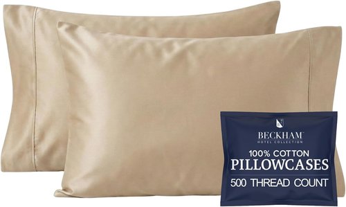 Beckham Hotel Collection Pillowcases - Queen Size Set of 2 | Cool Touch Cotton Sateen, 500TC, Silky Soft, Sand
