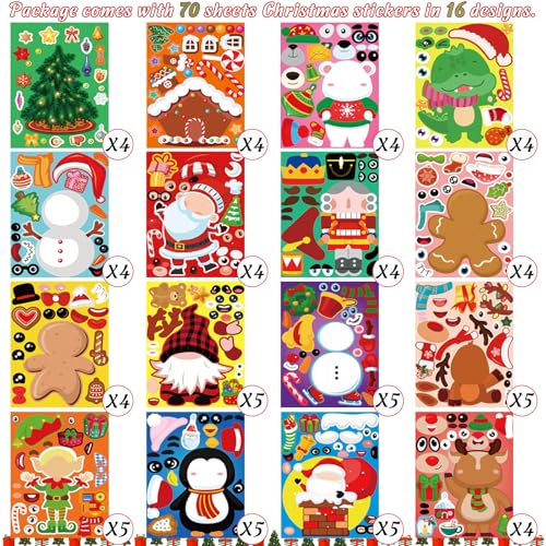 80UncleKimby 70 Sheets Christmas Stickers Bulk - 16 Festive Designs for Crafts & Gifts