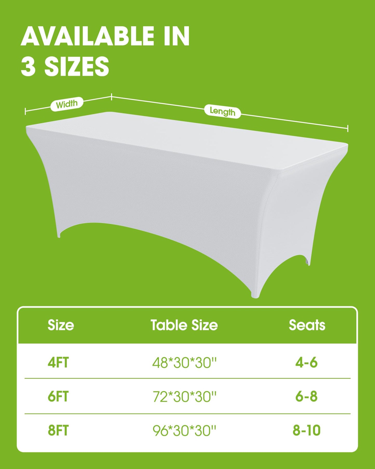 Pureegg Spandex Tablecloth 6ft - 10 Pack, Fitted and Tight Cloth for Rectangle Table, Wrinkle-Free and Stretch Table Cover for Party, Wedding, Banquet and Birthday, White