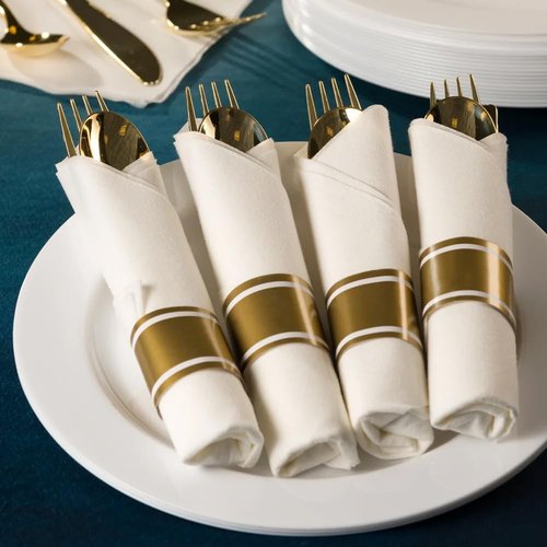 240 Pieces Pre Rolled Cutlery And Napkins Set with Heavy Duty Full Size Polished Gold Cutlery, 60 Forks, 60 Knives, 60 Spoons, In Rolled Napkins, for Weddings, Parties And Events