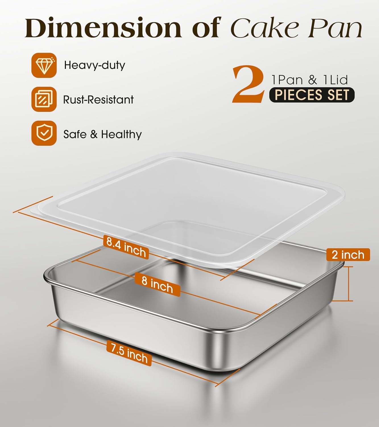 Regine Switzerland 8 x 8-Inch Stainless Steel Baking Pan - Heavy-Duty, Non-Toxic & Dishwasher Safe Bakeware for Cakes, Brownies & Casseroles