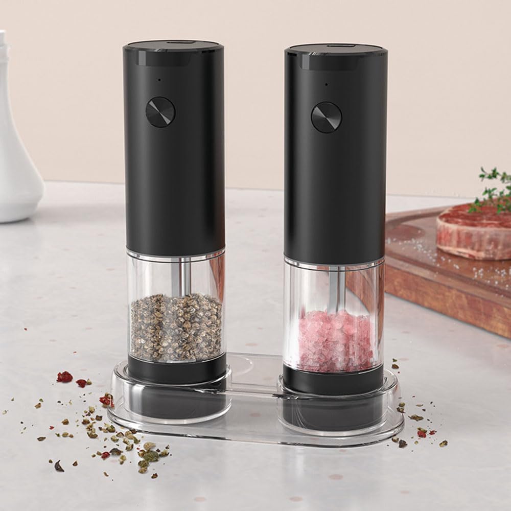 Skiennix Electric Salt and Pepper Grinder Set - Automatic Mill Shakers with LED Light & Adjustable Coarseness - Black