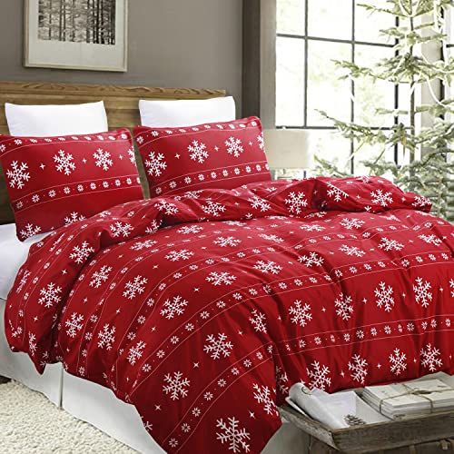 Vaulia Red Snowflake Microfiber Duvet Cover Set Queen - Festive Holiday Bedding