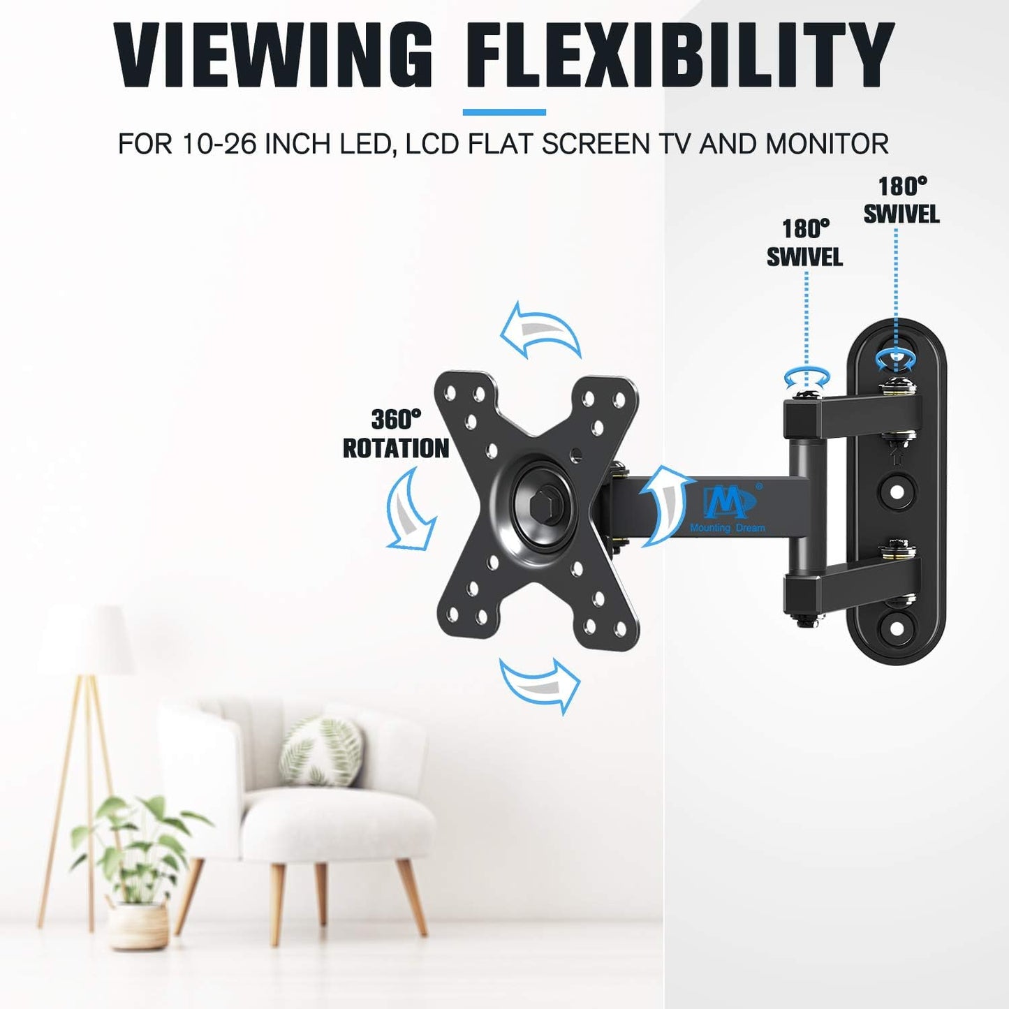 Mounting Dream Tilt TV Wall Mount for 37-75 Inch TVs - Full Motion Monitor Mount for 10-26 Inch Screens
