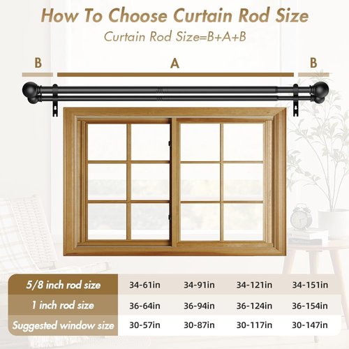 GXOACKJ Double Curtain Rods - Adjustable 36 to 90 Inch Heavy-Duty Drapery Rods with Round Finials | Black