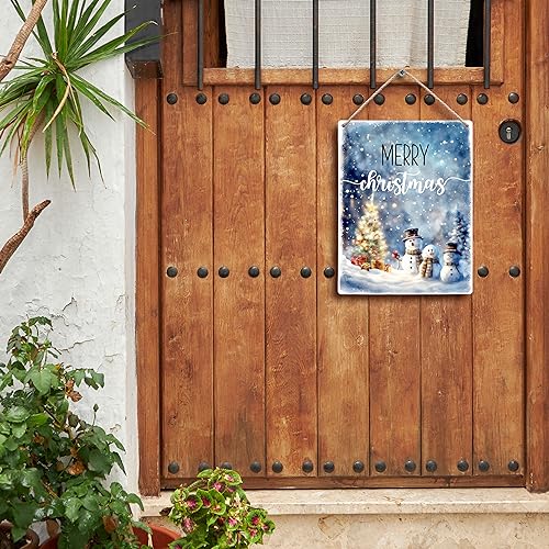 FUGWN Merry Christmas Blue Winter Snowman Xmas Hanging Wooden Signs 8x10, Merry Christmas Sign, Christmas Wall Decor, Christmas Hanging Sign, Wood Christmas Sign, Blue Christmas Decor