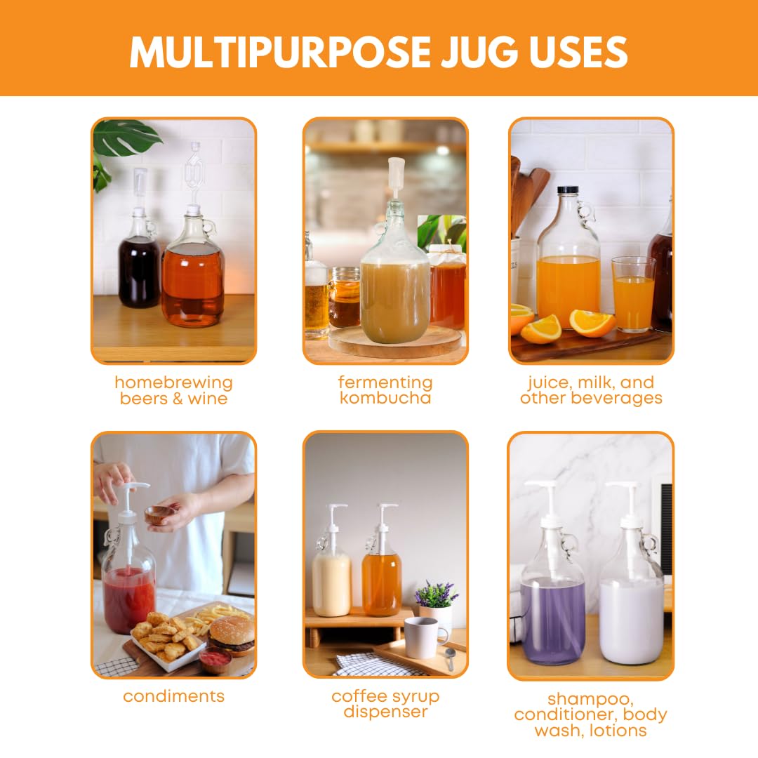FastRack 1 Gallon Glass Jug with Black Polyseal Caps, 6.5G Rubber Bungs & Twin Bubble Airlocks – Fermentation Jars for Home Brewing, Clear Glass Fermenter Containers for Liquid Fermentation