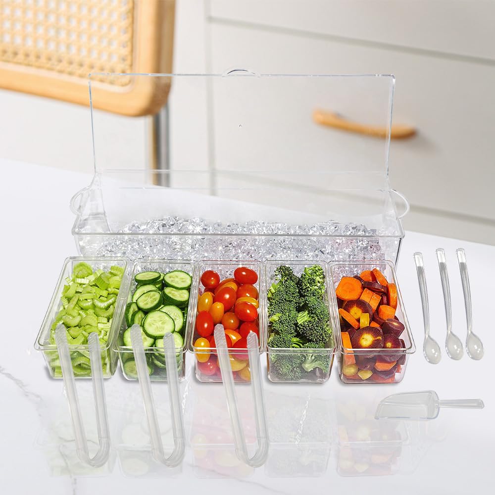 LucaSng Condiment Containers Server with Lid,Ice Tray,Condiment Organizer,Chilled Caddy,Bar Garnish Holder on Ice,Dispenser,Salad Platter for Parties and Restaurants, White