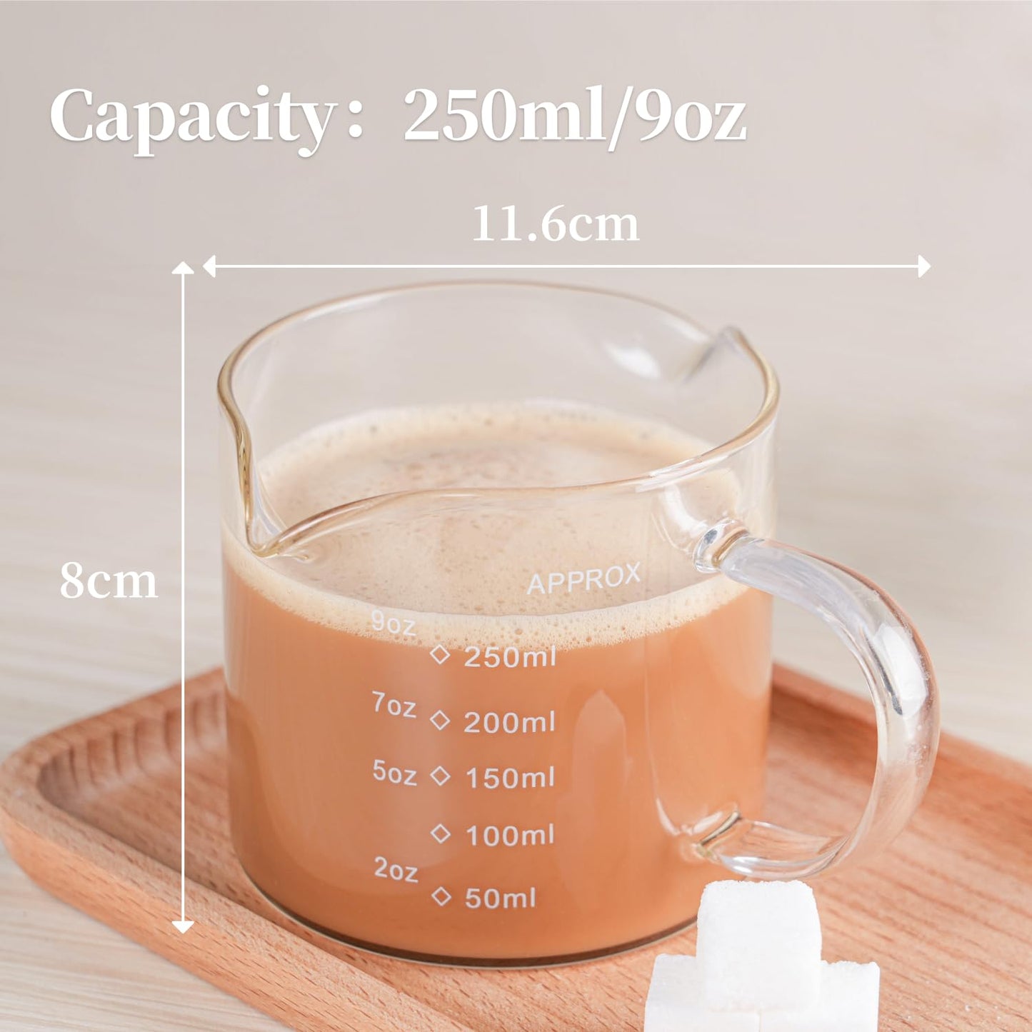 1 Pack 250ML/8.5OZ Measuring Cup Espresso Shot Glasses Double Spouts Large Coffee Cup with Handle Triple Pitcher Milk Cup Parts Clear Glass By BCnmviku