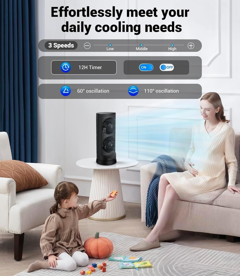 Skiennix Personal Tower Cooling Fan - Quiet 3-Speed Oscillating Desk Fan with Timer | Ideal for Home & Office