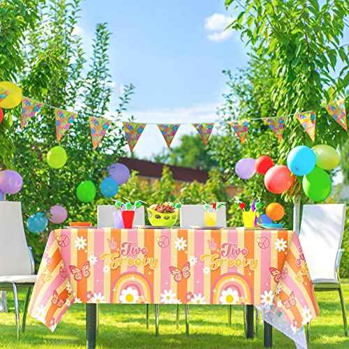 Jecery 3 Pcs Rainbow Plastic Two Groovy Tablecloths Birthday Decorations Groovy Christmas Decorations Retro Hippie Daisy Flower Decor for 60s 70s Retro Boho Themed Girl 2nd Birthday Supplies
