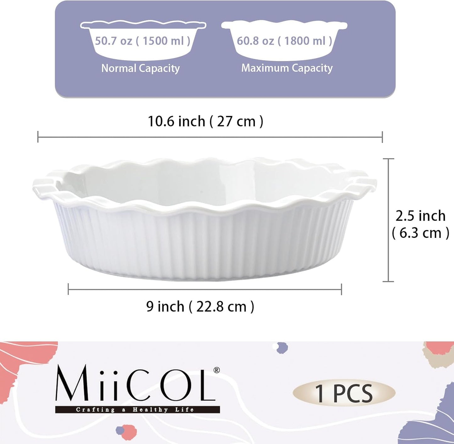 Miicol White Ceramic Pie Pan - 9 Inch Round Baking Dish with Ripple Edge | 50 oz Capacity for Quiche & Pies