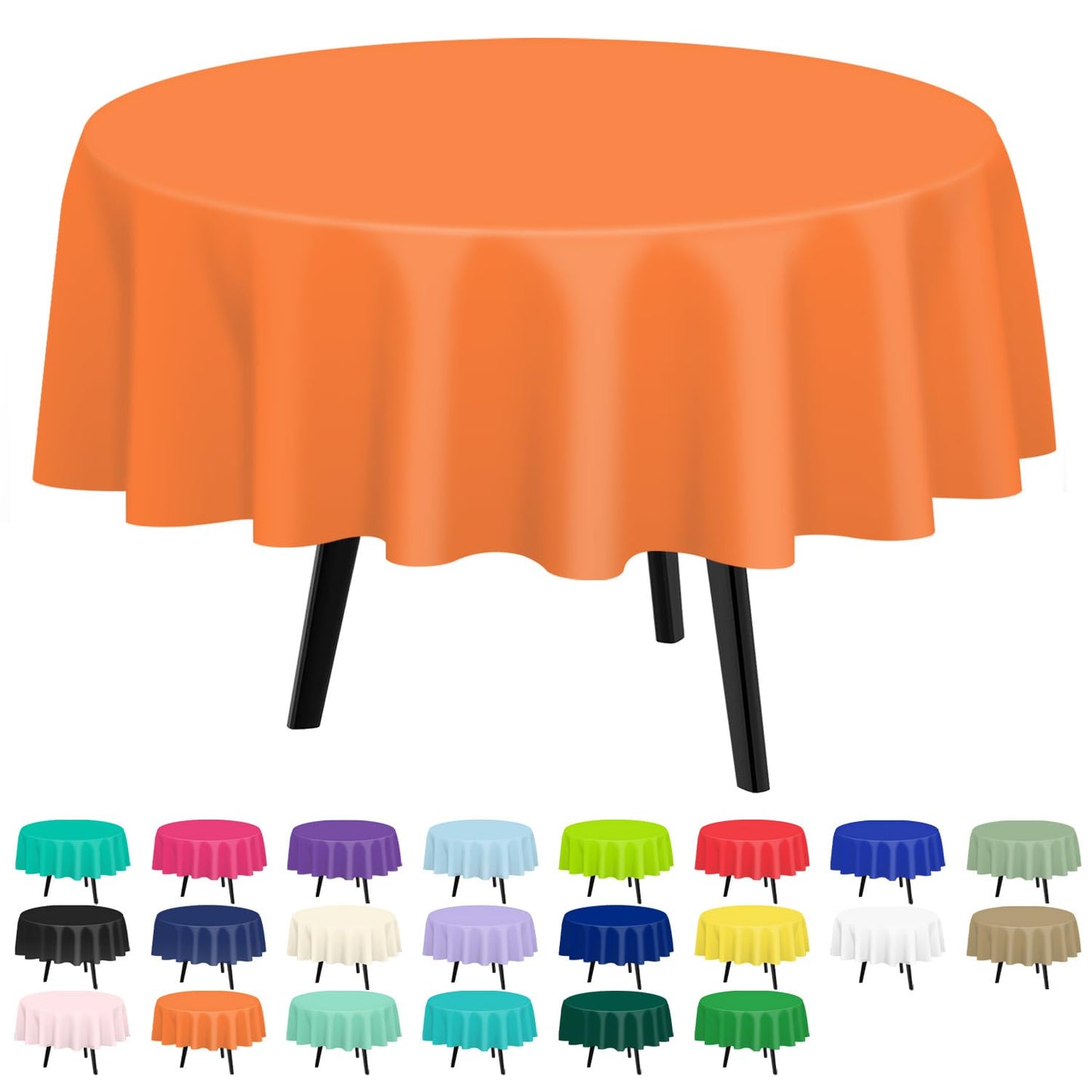 QIKSION Orange Round Tablecloth 2 Pack, 84 Inch Plastic Table Cover Disposable for Parties