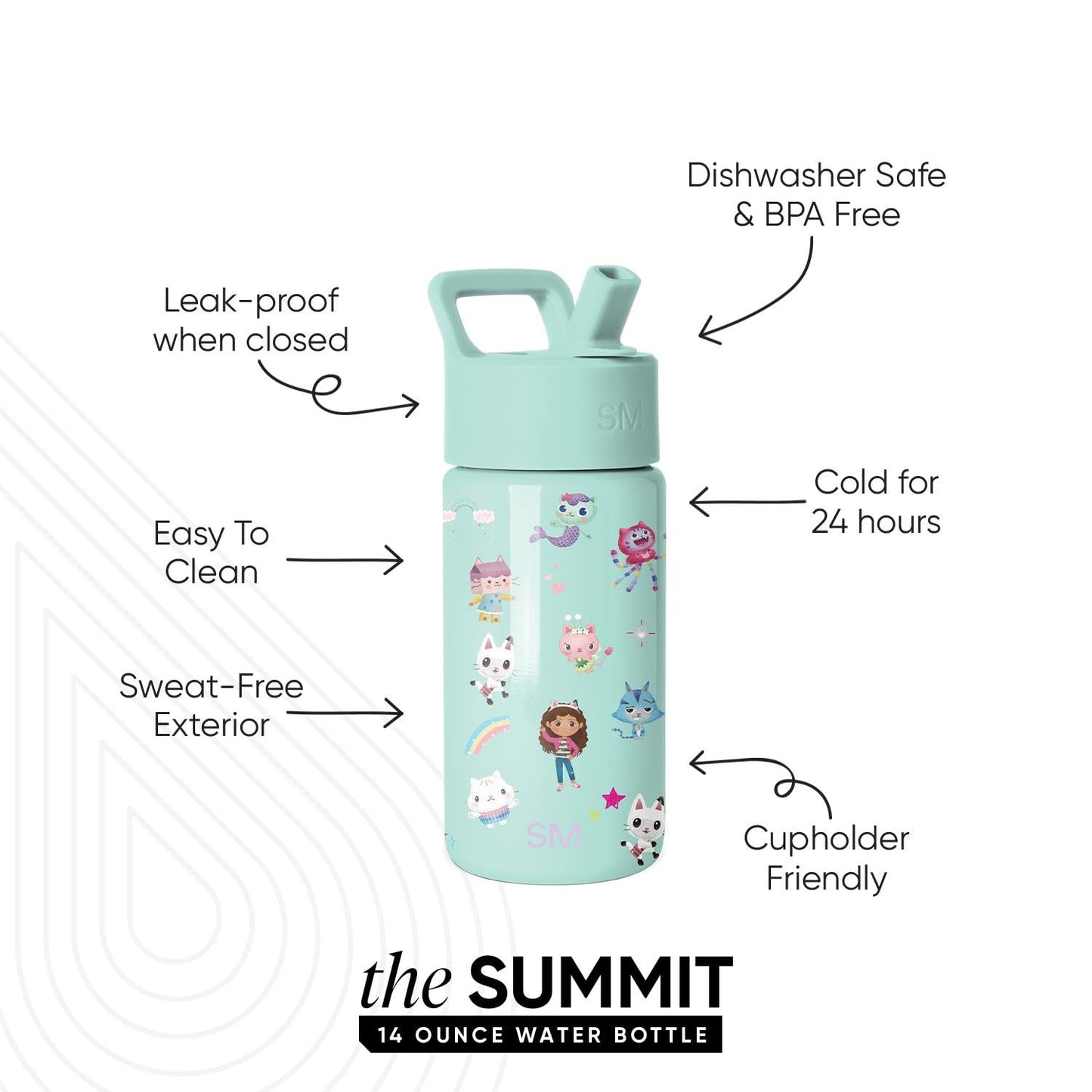 Simple Modern Kids Summit Water Bottle with Straw Lid | Gabby's Dollhouse 14oz Stainless Steel Cup Insulated Tumbler for Toddlers, School | Gabby's Friends