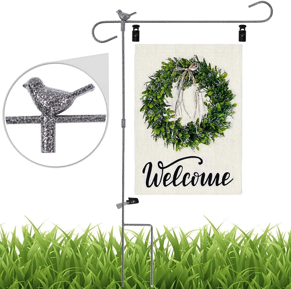 Skiennix Garden Flag Holder - Heavy Duty Wrought Iron Stand for 12 x 18 Inch Flags - Black Finish