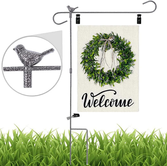 Skiennix Garden Flag Holder - Heavy Duty Wrought Iron Stand for 12 x 18 Inch Flags - Black Finish
