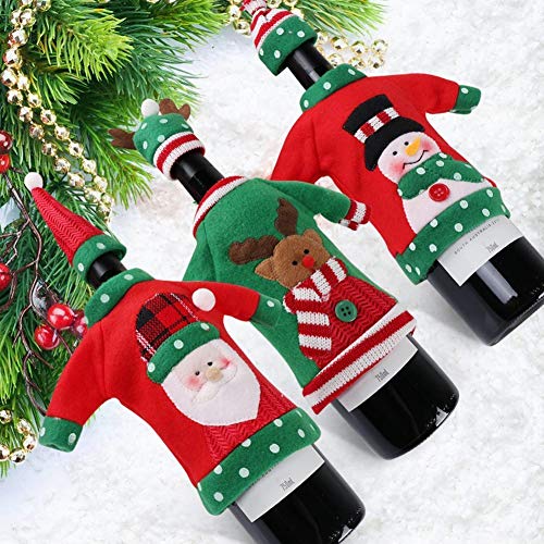 Christmas Wine Sweater - Ugly Santa, Reindeer and Snowman Cover for Red Wine Bottles - Christmas and New Year Party Decoration (3Pcs)