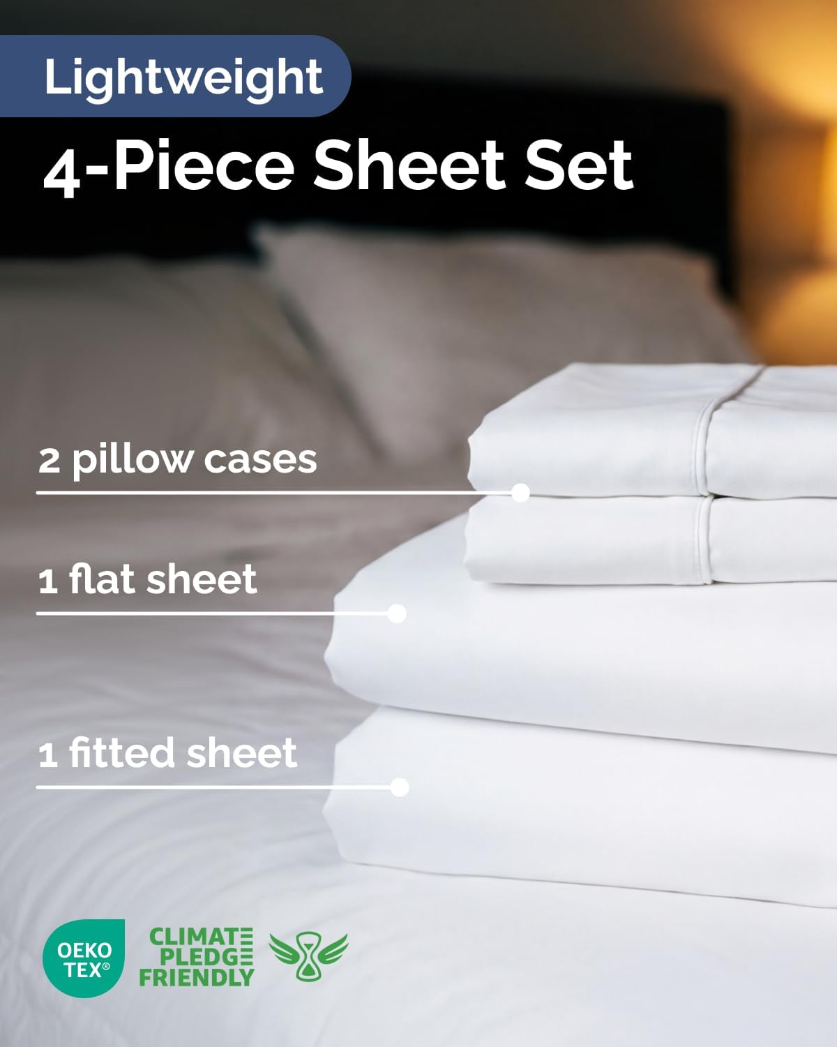 Lightweight 4-Piece Queen Bed Sheet Set by [Brand Name] - Cooling, Soft & Breathable - Fits 8-16 Inch Deep Pockets - White