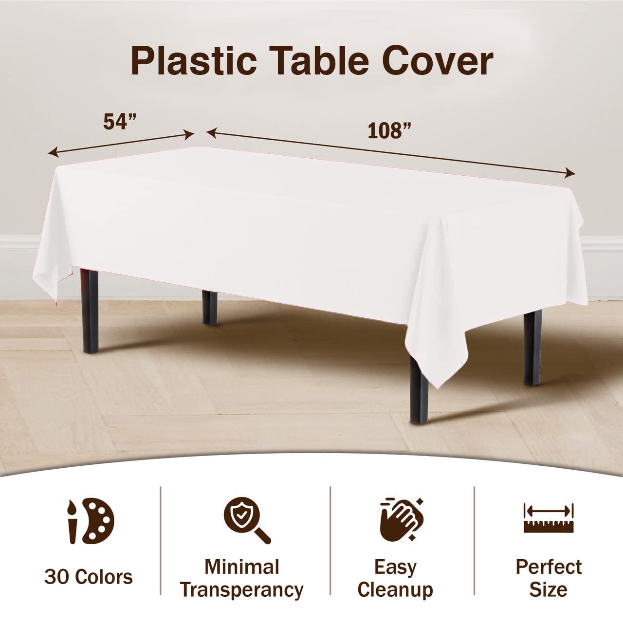Exquisite Party Solids 6-Pack Premium Plastic Tablecloth 54in. x 108in. Rectangle Plastic Table Cover - White